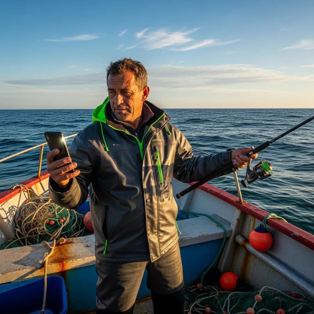 Pescador na natureza usando o app PESKAR